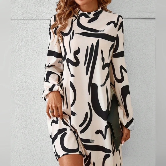 Graphic Print Mock Neck Lantern Sleeve Dress - Picture 3 of 4